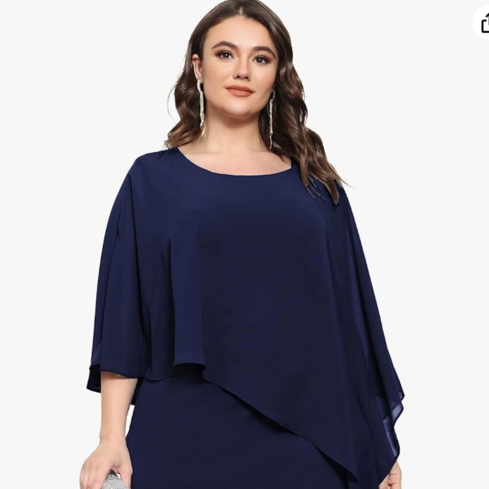 KIMCURVY Plus Size Cape Pencil Dress with Chiffon Overlay Midi Dress (Navy, 20W)